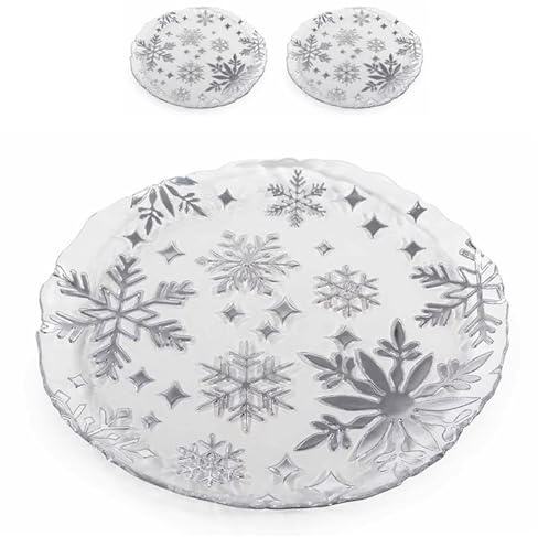 Gruppo Maruccia - Assiettes rondes en verre transparent décor flocon de neige argenté set 2 pièces Ø32,5 cm table de Noël