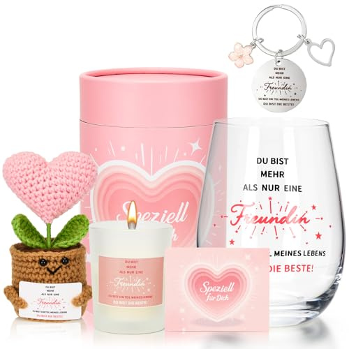 Dankeschön Geschenke Set für Beste Freundin Frauen - DU BIST DIE BESTE ! | 18OZ Weingläser mit Schlüsselanhänger Ornamente & Karten, Jahrestag Geburtstag Geschenke für Frauen Kollege Mama (540ml)