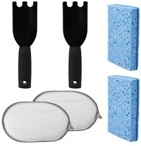 2pcs Cleaning Sponges and 2 Upgraded Grill Scraper, 2 Scouring Pads for George Forman & Cuisinart Indoor Grills Heat Resistant Spatula Cleaner Tool with Grooves for Easy Cleaning