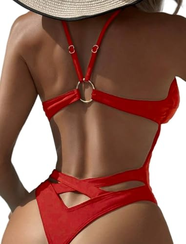 HYTENSUN Womens One Piece Swimsuits Backless High Cut Deep V Brazilian Swimwear Sexy Cheeky Bathing Suit 2026 Swim Suit Thong Bottom Red L
