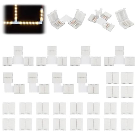 24 Pièces Connecteurs LED 10mm pour Rubans LED RGB SMD 5050, avec Connexions en T, en L et Droites 4 Broches 10mm 4 Broches Raccord Bande LED Sans Soudure pour Installation Facile
