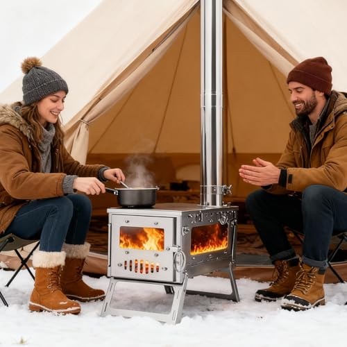 Réchaud de camping pliable, poêle à bois en acier inoxydable pour tente, chauffage extérieur portable avec fenêtre en verre visible,ventilation réglable,tuyau de cheminée à plusieurs sections (argent)