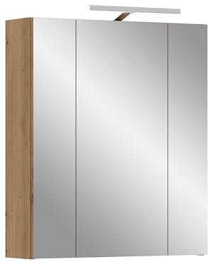 furnling Badezimmerspiegelschrank Ivy, Artisan Oak, 3 Türen, 9 Fächer, mit LED-Beleuchtung, Badschrank mit 6 verstellbaren Einlegeböden, Breite 60 cm