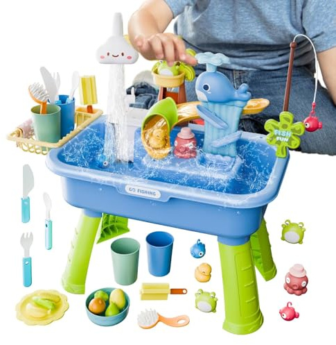 2026 Upgraded Water Table, Children's Water Play Table Equipped With Electric Faucet, Adjustable Waters Play Tub, Detachable Fishing Game Toy, Mini Kitchen Utensils Toy For Ages 4-8 Summer Beach Pool