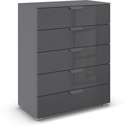 Rauch Möbel ADITIO, Kommode, Farbe Grau metallic/Glas Basalt, Breite 80 cm | Highboard im modernen Look, 5 Schubladen, Glasfront, Soft-Close-Funktion, für Schlafzimmer, Gästezimmer, Wohnzimmer, Flur