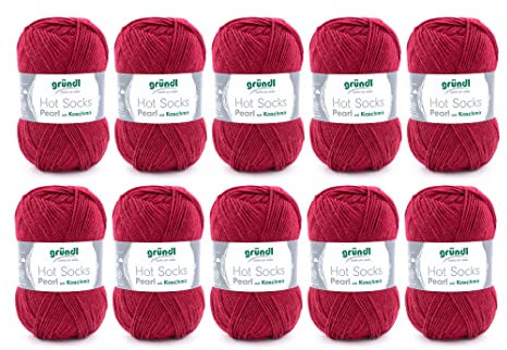 Gründl Hot Socks Pearl uni Strickwolle (kuschelig weiche Sockenwolle aus 75 % Merinowolle, 20 % Polyamid, 5 % Kaschmir, 50 g / 200 m, Nadelstärke: 2,5 - 3, 10 x 50 g), Kirsche, 40 x 37 x 11 cm