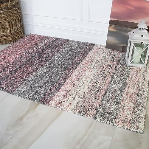 Murano Blush Grey Cream Striped Thick Shaggy Shag Warm Living Room Rug