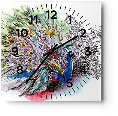 Modern Wanduhr Pfau Feder Farbe 40x40cm Quadrat Groß Wand Uhr Glas Analog Zimmeruhren Küche Büro Wohnzimmer Glasuhr Wall Clock Dekoration Design Wanddekoration Küchenuhr C4AC40x40-3556