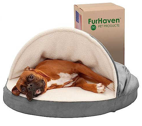 Furhaven Rundes Hundebett aus Memory-Schaum für große und mittelgroße Hunde mit abnehmbarem, waschbarem Bezug, für Hunde bis zu 22,7 kg, Sherpa und Wildleder, Grau, 89 cm