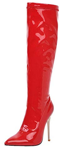 MISSUIT Damen Lackstiefel Kniehoch Spitze High Heels Stiefel Stiletto Knee High Boots Reißverschluss Langschaft Winterstiefel(Rot,44)