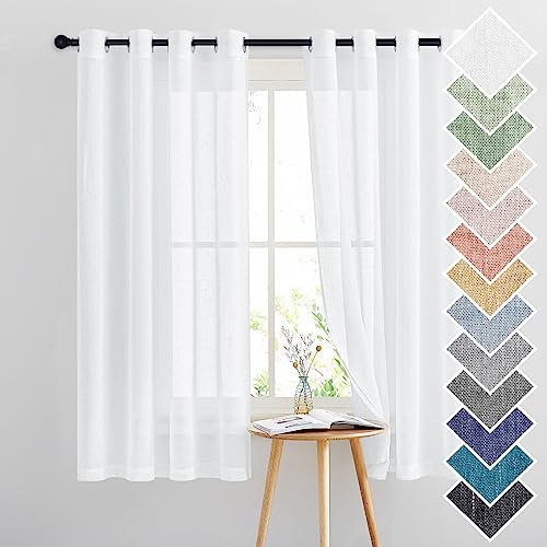 PONY DANCE Landhaus Gardinen Weiss Halbtransparent - H 160 x B 140 cm Vorhang Kurz Leinenoptik Gardinen für Küche & Kleine Fenster Weiße Vorhänge mit Ösen, 2 Stücke