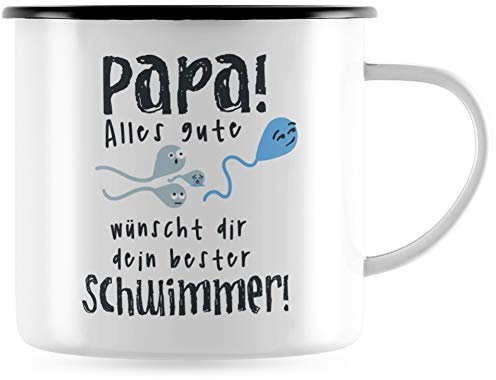 JUNIWORDS Emaille-Tasse, Papa! Alles Gute wünscht dir Dein Bester Schwimmer, Schwarzer Tassenrand