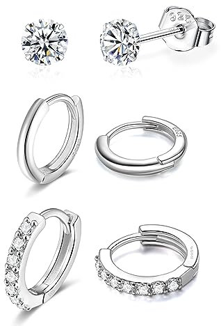 3er Ohrringe Set Für 3 Ohrlöcher Silber 925 Echtsilber - 3mm Zirkonia Ohrstecker - 8mm Huggy Creolen - 9mm Zirkonia Huggie Hoops Ohrringe - 3 Paar Pack Nickelfrei