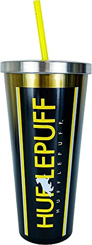 Spoontiques Harry Potter Stainless Steel Tumbler, 24oz - Double Wall Insulated Travel Cup with Straw - Hufflepuff