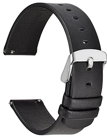WOCCI 22mm Dünne Flache Leder Uhrenarmband für Smartwatch mit Silberner Schnalle (Schwarz)