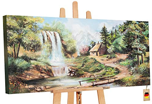YS-Art Abstrakt Acryl Gemälde auf Leinwand Wasserfall handgemalt Wandbilder Wohnzimmer modern Wohndekor Bilder Büro Haus im Wald Bach grün echte Kunst 140x70 cm