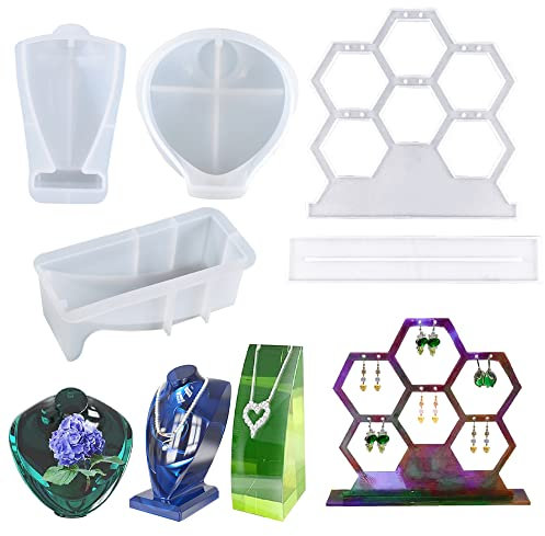 Woohome 4 PCS Jewelry Resin Shelf Mould, Three-dimensional Necklace Display Stand Mould Hexagon Earring Display Rack Silicone Moulds for Earring, Necklace, Ring, DIY Craft Mould