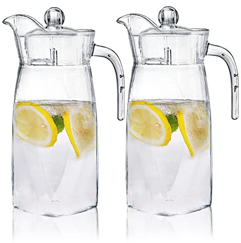 Hacaroa 2 Pack Clear Plastic Pitcher with Lid, 1.3 L Square Water Carafe with Handle, Iced Tea Pitcher Beverage Containers for Juice, Sangria, Lemonade, Heat-Resistant, Shatter-Proof