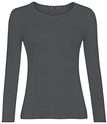 KATSSI Women’s Ladies Long Sleeve Stretch Plain Round Scoop Neck T Shirt Top SM Charcoal