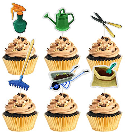 MEFENG 18pcs Garden Theme Cupcake Toppers - Green, Metallic - Earthy Metals - For Garden Party & Occasions like Birthday, Anniversary, Baby Shower