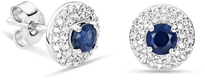 Miore orecchini con diamanti e zaffiri in oro bianco 9 carati 375 montatura a raggiera 2 file di diamanti naturali 0,23 carati con pietra centrale zaffiri blu naturali 0,42 carati