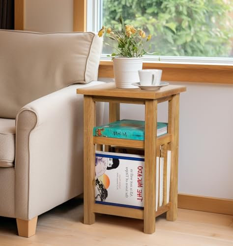 Hallowood Furniture Oak Side Table, Solid Wooden Light Oak Magazine or Coffee Table with Storage and 2 Shelves, Compact and Perfect for Living Room or Bedroom