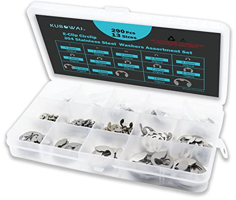 KUBOWAI 290 Stück Sicherungsring Sortiment Kit, Edelstahl E-Clip Externe Befestigung, Sprenringe 1,2–15 mm (13 Größen)