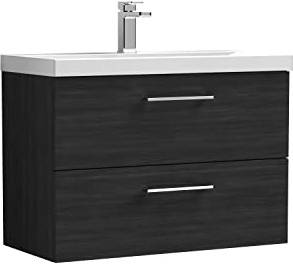 nuie ARN626D Arno Modern Bathroom Wall Hung 2 Drawer Vanity Unit with Thin-Edge Ceramic Basin, 800mm, Woodgrain Charcoal Black