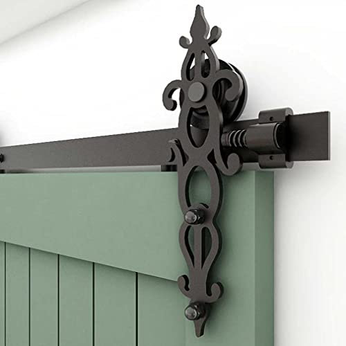 Schiebetürbeschlag Doppeltür 224cm Schiebetüren Schiebetürsystem Komplettset Laufschiene Rollen Set Schwarz für 2 Holztür 56cm Breit, Flower-Form