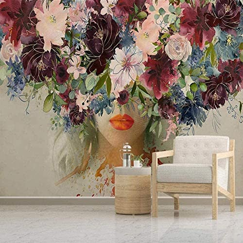 Peintures Murales De Papier Peint 3D Salon Auto-Adhésif Portrait De Femme Aquarelle Fleur Rose Décoration Murale Moderne Panoramique Effet 3D Mur Salon Canapé Couloir Décoration Murale 400(L)X280(H)