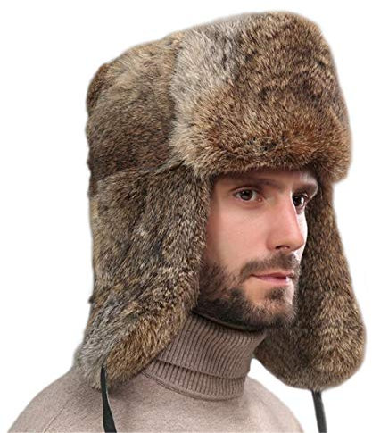 KAISHIN Unisex Winter Vollfell Kaninchenfell Bomber Hüte Russische Ushanka Fliegermützen für Männer Frauen Baumwolle Layer Ski Hüte (as3, Alpha, xx_l, Braun)