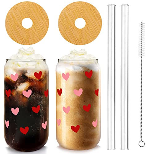 Mason Life Liebe Dose Glas, Paar Kaffee Glas Tassen Paar Trinkbecher Bierdosen-Glass mit Deckel und Strohhalm Geformte Becher, 530ML Trinkgläser, Eiskaffee Gläser Smoothie Becher