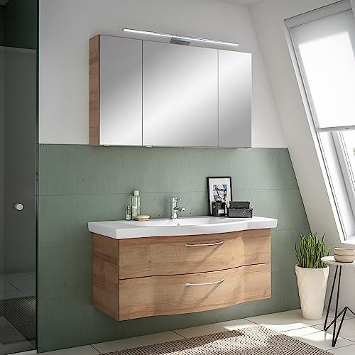 Lomadox Waschplatz Set, 122cm, mit Waschbecken und LED Beleuchtung, Riviera Eiche quer Nb., B/H/T ca. 122/200/51,5 cm