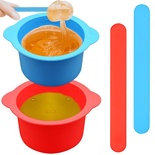 2 Silicone Wax Melt Liners & Non-Stick Reusable Hair Removal Wax Melt Bowls with 2 Sticks for Wax Warmer (Blue, Red)