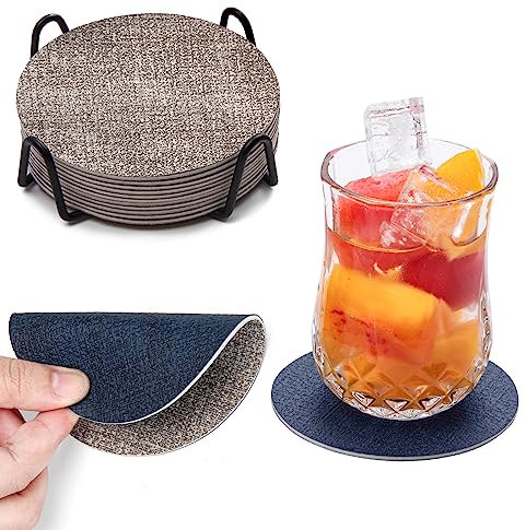 Chitomars Untersetzer Gläser 12er Set, Doppelseitigen Leder Untersetzer Rund rutschfest Glasuntersetzer Abwaschbare Getränkeuntersetzer Kunstleder Glas Untersetzer-Set (Grau Blau, Rund)