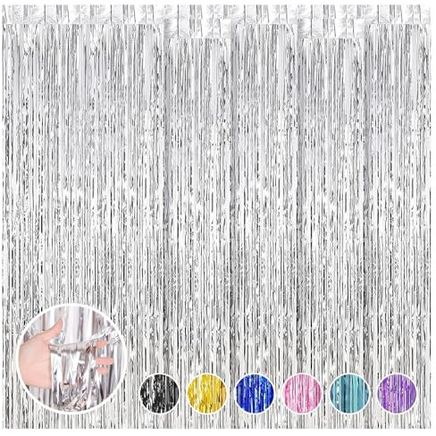 6 Stück Silber Lametta Vorhänge Hintergrund, Folie Hintergrund Fringe Vorhänge für Geburtstagsfeier/Hochzeit/Neujahr Party, Tür Fenster Hintergrund Foto Requisiten(1m x 2.5m)