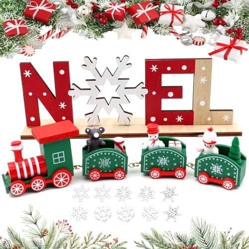 Scettar Train de Noël en Bois Lettre en Bois Ornement avec Flocon de Neige, Deco Noel Interieur Maison pour Fête de Noël Créative, Décoration en Verre et Fenêtres