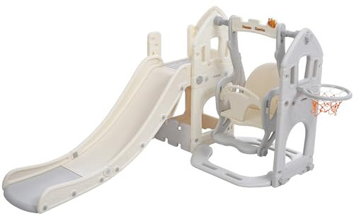 Merax Rutsche für Kinder, 5 in 1 Kinderrutsche mit Schaukel, Basketballkorb, Kletterturm, Stauraum, Kinder Spielplatz Gartenrutsche für In- und Outdoor, Hinterhof Baby Rutsche Set, Grau&weiß-Schloss