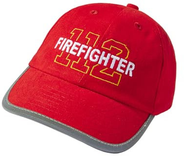 (A) Reflektoren Kappe für Kinder - Firefighter (inkl. 3 Feuerwehrauto Sticker) - Reflektierende Feuerwehr Basecap - Jungen Cap Feuerwehrmann (One Size/Reflektor Rot)