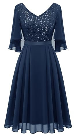 Dressystar Damen Elegant Cocktailkleid V-Ausschnitt Spitzenkleid Pailletten Knielang Partykleider Chiffon Federmausärmel Marineblau S