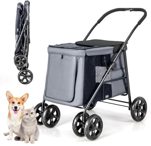 COSTWAY Poussette pour Chien Pliante, Poussette Buggy pour Chien Chat avec Poche de Rangement et 2 Portes Zippées, Chariot de Voyage Portable à Roulettes avec Fenêtre et Lucarne, Charge 40KG (Gris)