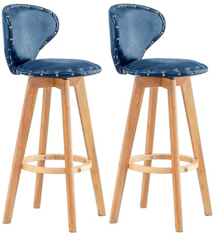 HAILM Barhocker 2Er Set, PU-Leder Gepolsterte Barstühle Für Zuhause, Kneipe, Drehbarer Esszimmerstuhl Mit Gewölbter Rückenlehne, Fußstütze Und Holzbeinen, Kücheninselhocker,Blau,73cm/28.7