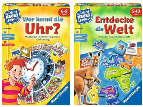 Ravensburger 24995 - Wer kennt die Uhr? & 24990 - Entdecke die Welt - Spielen und Lernen für Kinder, Lernspiel für Kinder von 5-10 Jahren, Spielend Neues Lernen für 2-4 Spieler