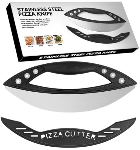 Kuoniiy couteau à Pizza rocker, couteau à pizza avec couvercle, gâteau, lame en acier inoxydable de haute qualité, 29 cm, noir