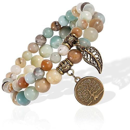 PEVRUAY Boho Armbänder Holzperlen Quaste Armband, Chakra Armband für Frauen, Natürliches Kristall heilsteine armband, Frauen Baum des Lebens Charm Statement Armreifen, Kristall Perle
