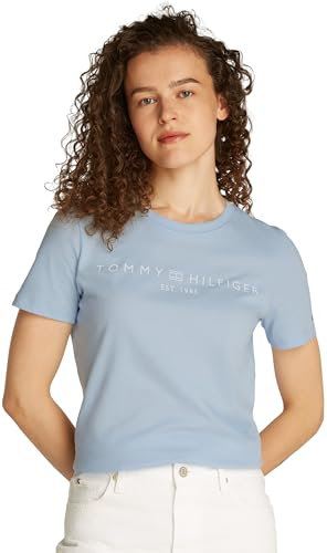 Tommy Hilfiger Damen T-Shirt Kurzarm Rundhalsausschnitt, Blau (Breezy Blue), XXS