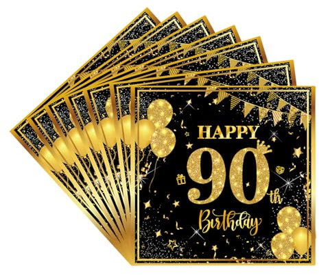 Servietten 90.Geburtstag Männer Frauen,20pcs Schwarze Gold Geburtstagsservietten,Partyservietten,90.Geburtstag Deko Servietten,Papierservietten für Männer Frauen Er Sie 90.Geburtstags Tischdekoration