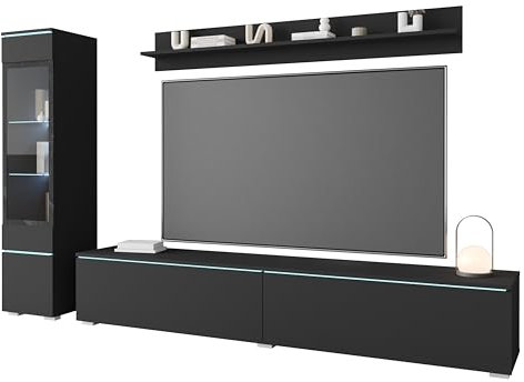 MINIO go for it - Wohnwand 3-Teilig Set Veve 1 I Hängend oder Stehend I Hochschrank-Vitrine I Lowboard I Wandboard I Laminierte Spannplatte I Schwarz Graphit matt - ohne Beleuchtung