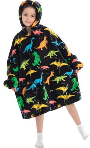 WexyHonMi 75CM Kinder Tragbare Decken, Tragbare Decke mit Ärmeln und Tasche für Kinder beim Entspannen für Teenager, Mädchen und Jungen (mehrfarbiger Dinosaurier, Kind)