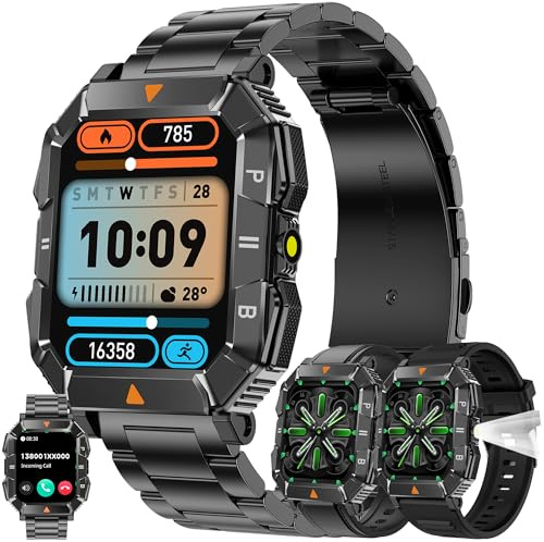 Smartwatch Herren mit Telefonfunktion, Taschenlampe, 1,83'' AMOLED 5ATM Fitnessuhr mit Schrittzähler Herzfrequenz SpO2, Schlafmonitor, 123 Sportmodi Uhr, Aktivitätstracker für Android iOS (Schwarz)